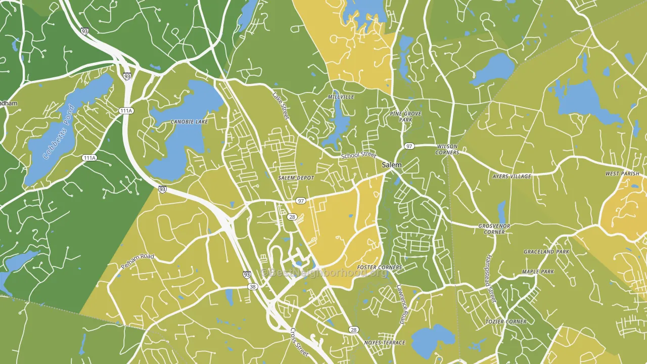 Map of the best neighborhoods in the 03079 area, with better matches in green and worse matches in red
