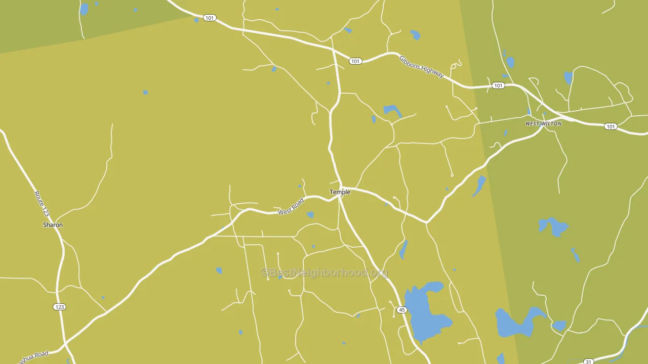 Map of the best neighborhoods in the 03084 area, with better matches in green and worse matches in red