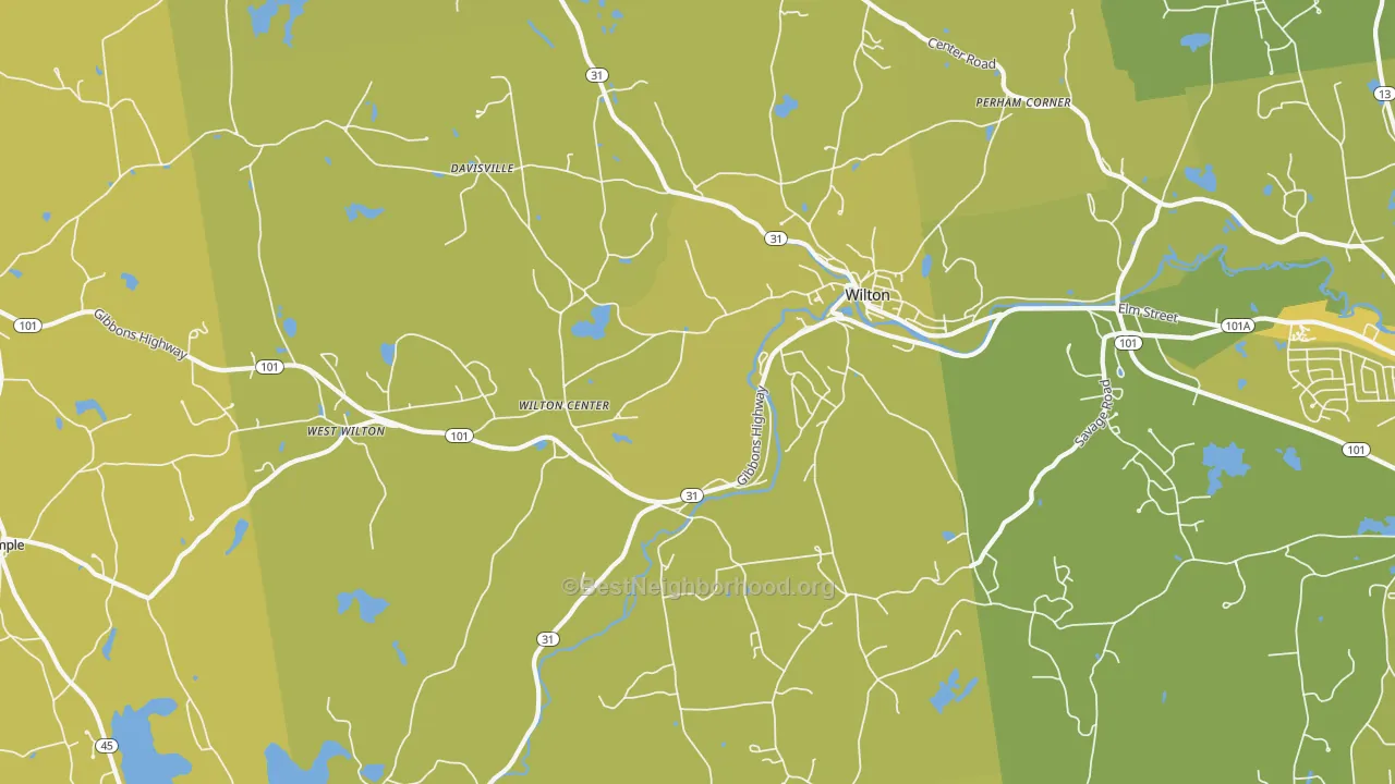 Map of the best neighborhoods in the 03086 area, with better matches in green and worse matches in red