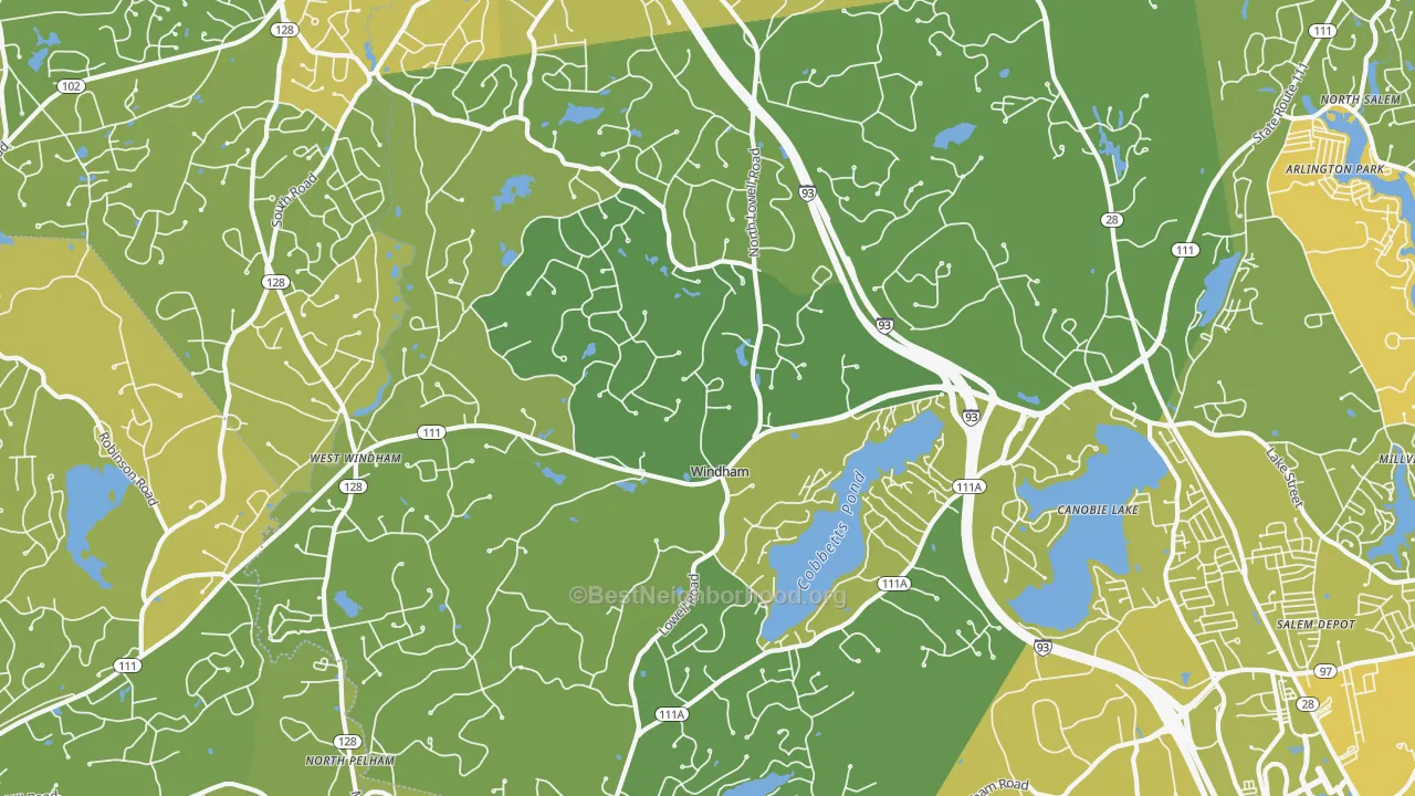 Map of the best neighborhoods in the 03087 area, with better matches in green and worse matches in red