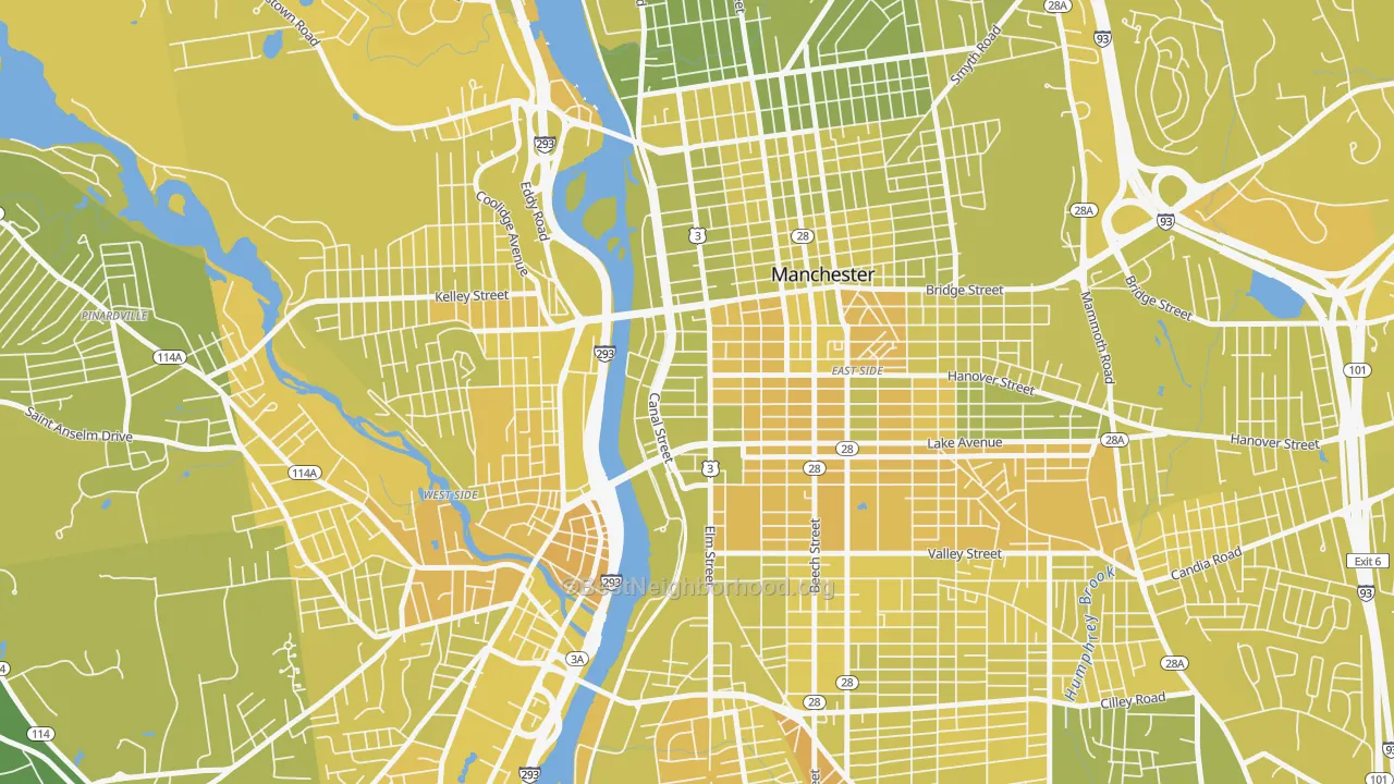 Map of the best neighborhoods in the 03101 area, with better matches in green and worse matches in red