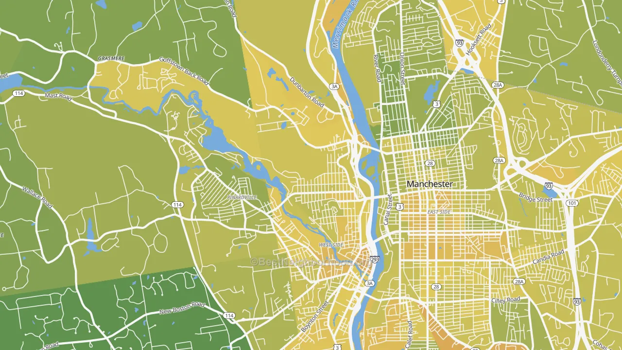 Map of the best neighborhoods in the 03102 area, with better matches in green and worse matches in red