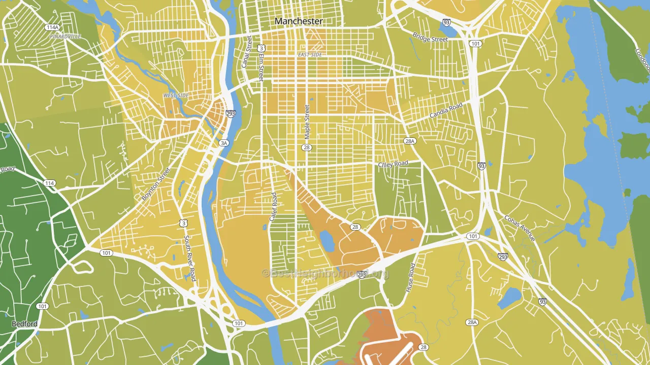 Map of the best neighborhoods in the 03103 area, with better matches in green and worse matches in red