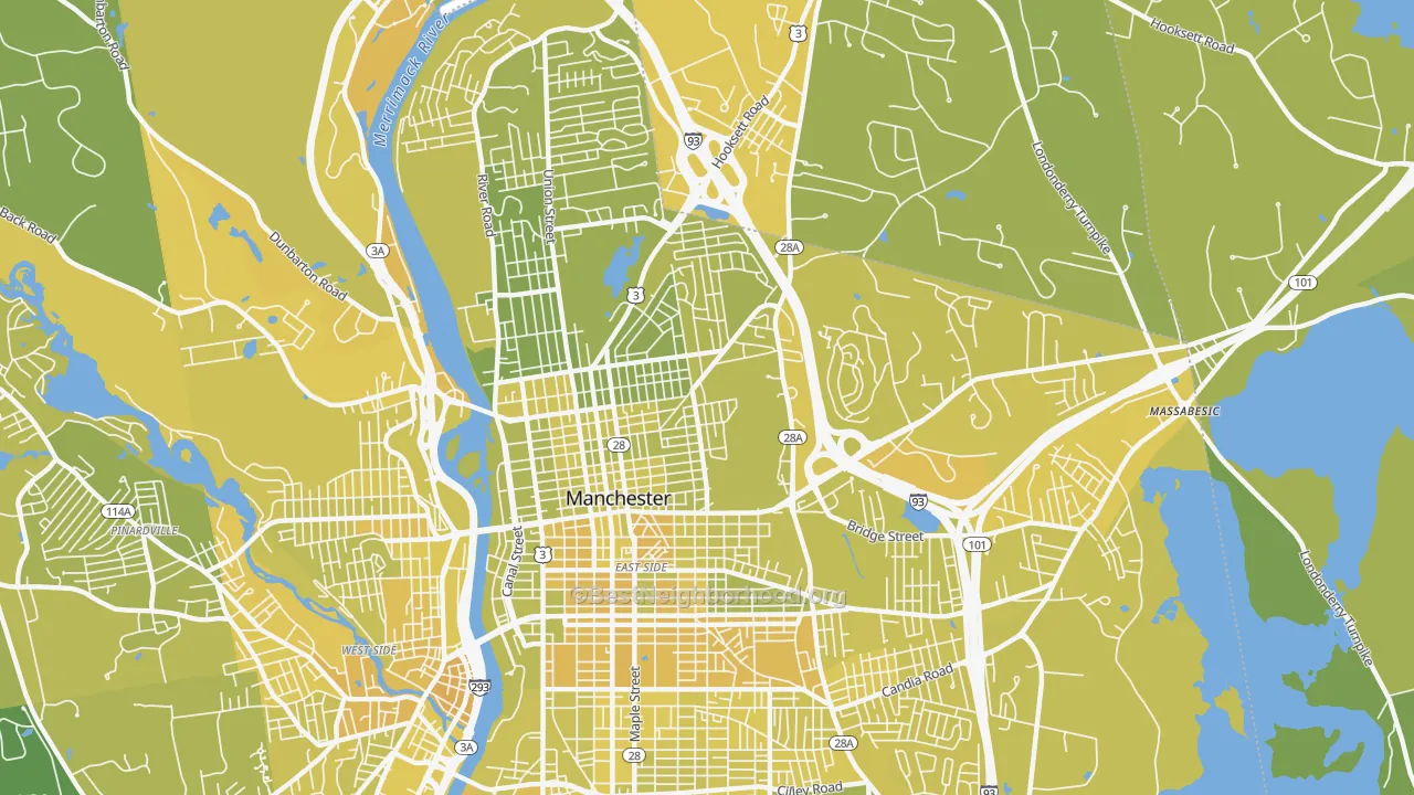 Map of the best neighborhoods in the 03104 area, with better matches in green and worse matches in red