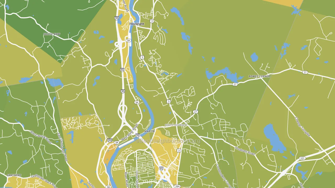 Map of the best neighborhoods in the 03106 area, with better matches in green and worse matches in red