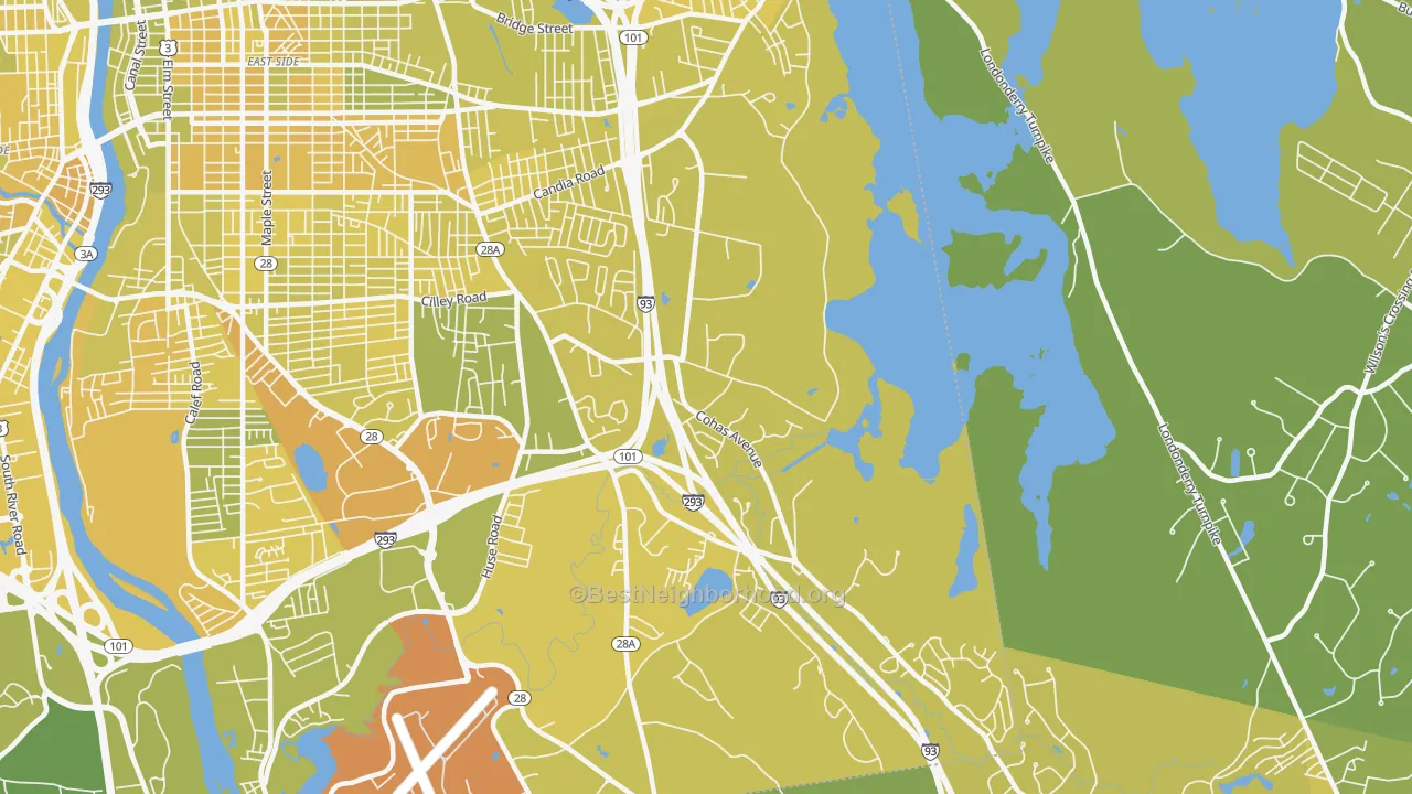 Map of the best neighborhoods in the 03109 area, with better matches in green and worse matches in red