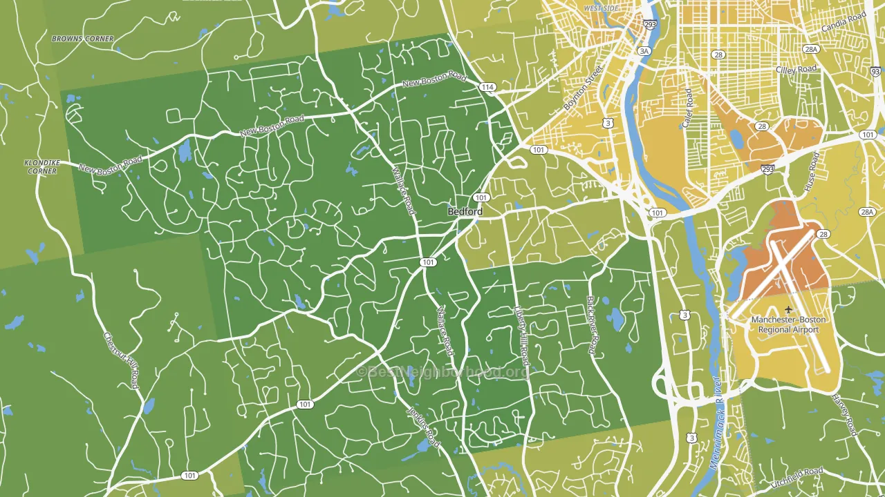Map of the best neighborhoods in the 03110 area, with better matches in green and worse matches in red