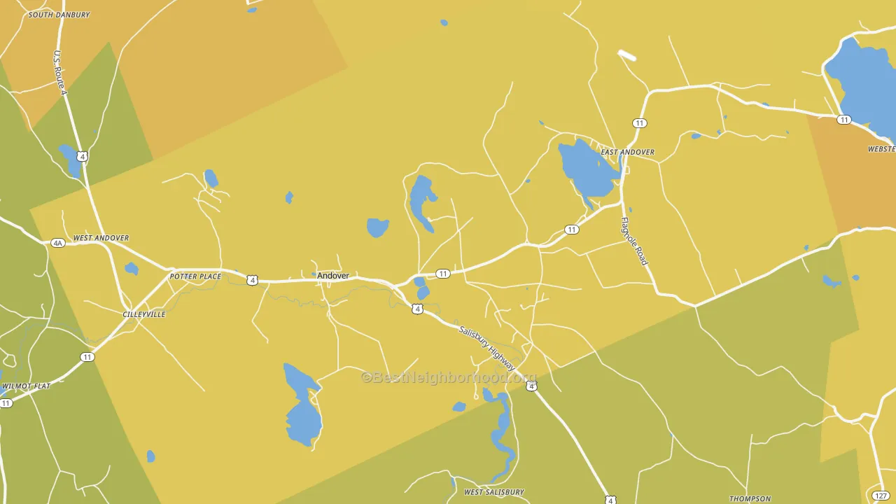 Map of the best neighborhoods in the 03216 area, with better matches in green and worse matches in red