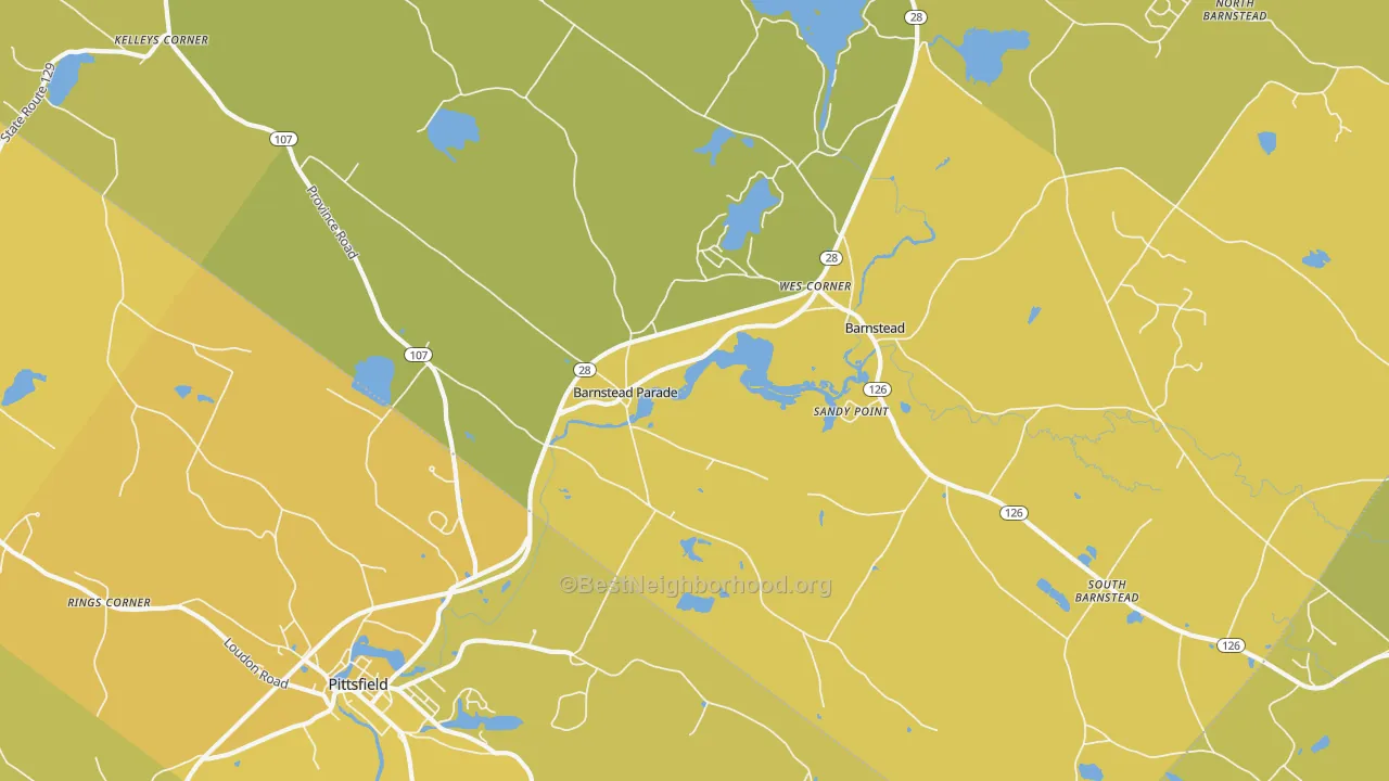 Map of the best neighborhoods in the 03218 area, with better matches in green and worse matches in red
