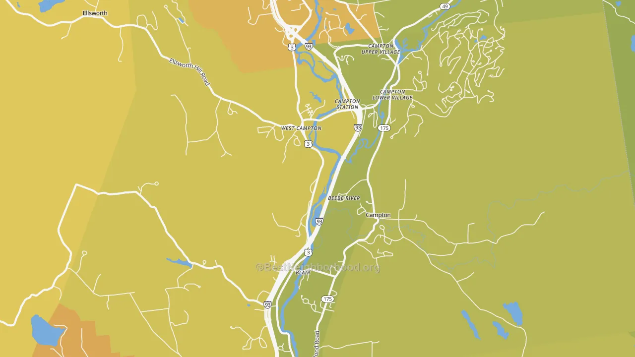 Map of the best neighborhoods in the 03223 area, with better matches in green and worse matches in red