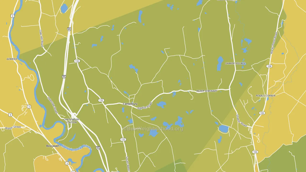 Map of the best neighborhoods in the 03224 area, with better matches in green and worse matches in red