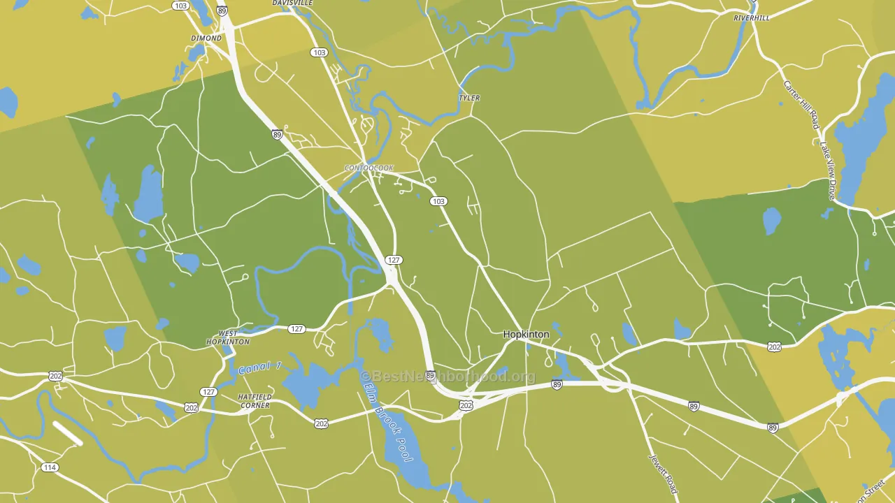 Map of the best neighborhoods in the 03229 area, with better matches in green and worse matches in red