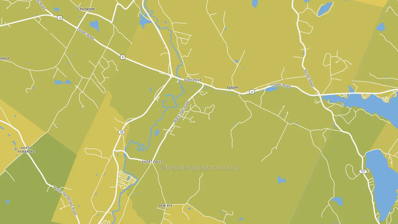 Map of the best neighborhoods in the 03234 area, with better matches in green and worse matches in red