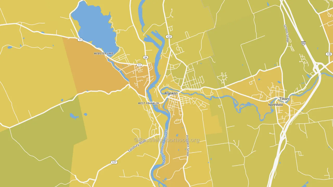Map of the best neighborhoods in the 03235 area, with better matches in green and worse matches in red