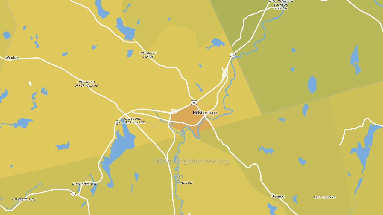 Map of the best neighborhoods in the 03244 area, with better matches in green and worse matches in red