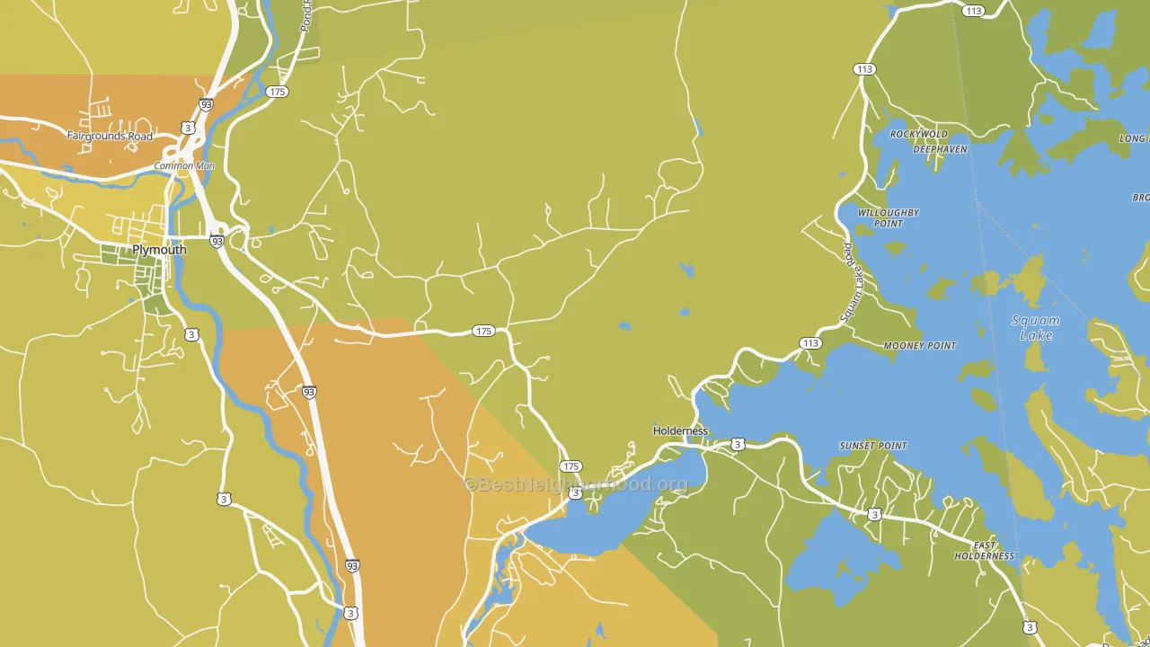 Map of the best neighborhoods in the 03245 area, with better matches in green and worse matches in red