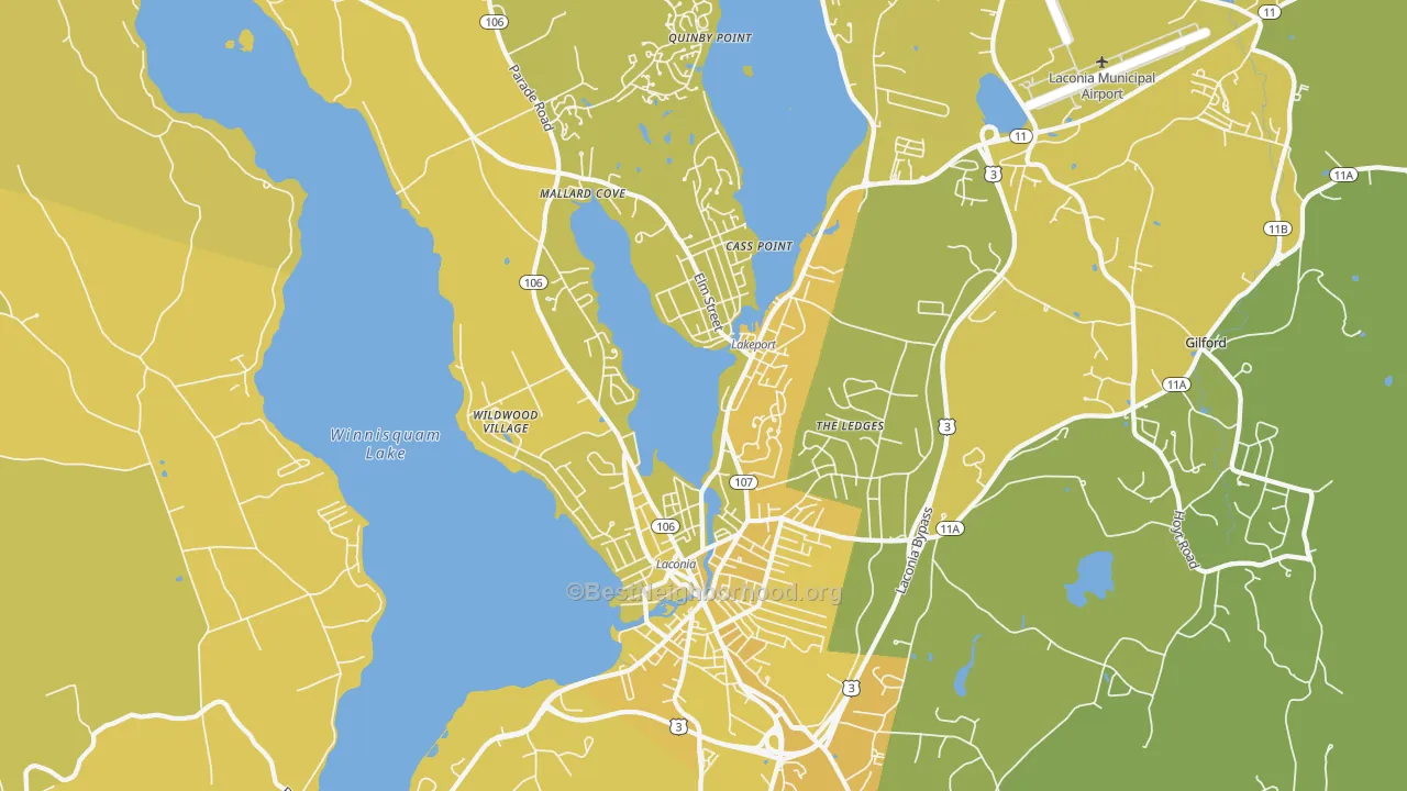 Map of the best neighborhoods in the 03246 area, with better matches in green and worse matches in red