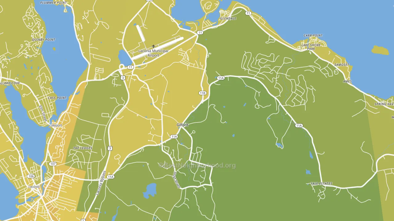 Map of the best neighborhoods in the 03249 area, with better matches in green and worse matches in red