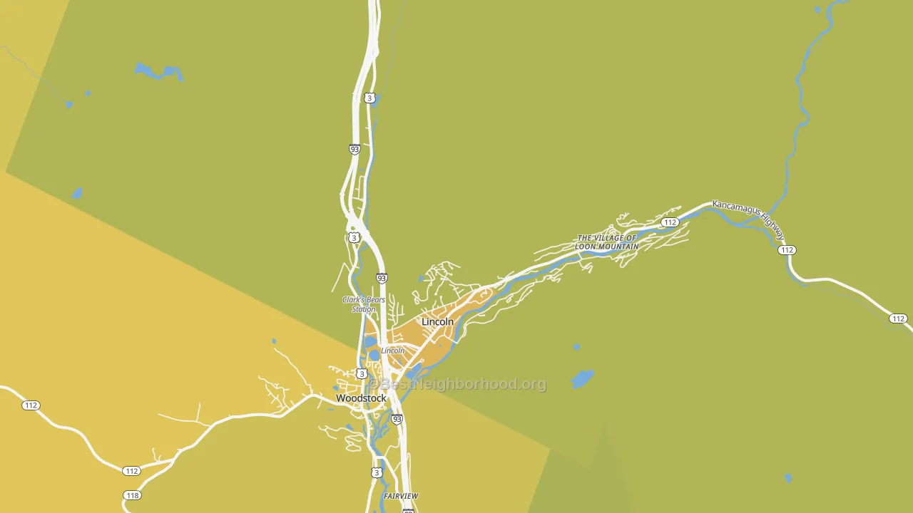 Map of the best neighborhoods in the 03251 area, with better matches in green and worse matches in red