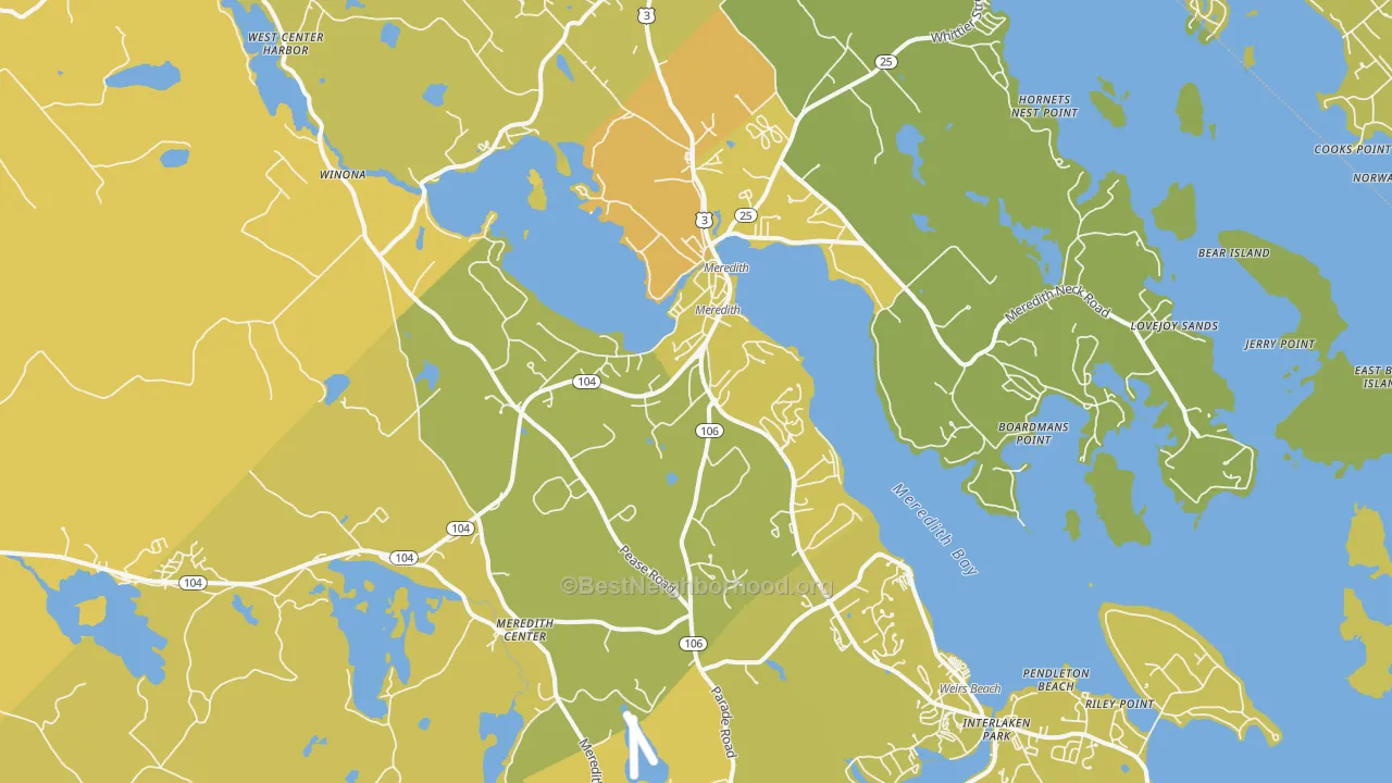 Map of the best neighborhoods in the 03253 area, with better matches in green and worse matches in red