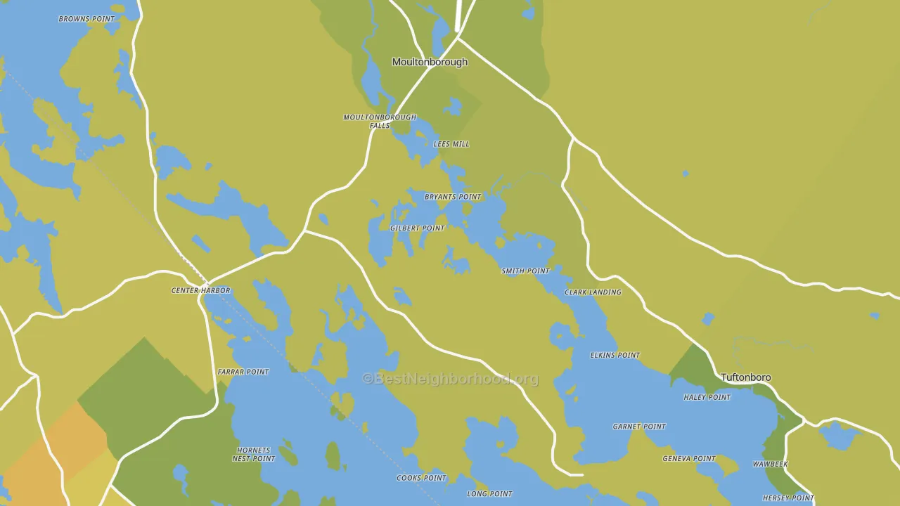 Map of the best neighborhoods in the 03254 area, with better matches in green and worse matches in red