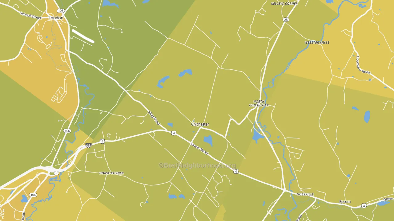 Map of the best neighborhoods in the 03258 area, with better matches in green and worse matches in red