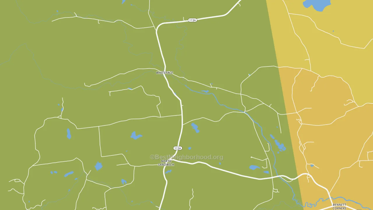 Map of the best neighborhoods in the 03259 area, with better matches in green and worse matches in red