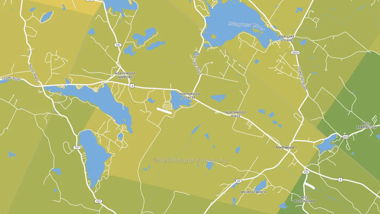 Map of the best neighborhoods in the 03261 area, with better matches in green and worse matches in red