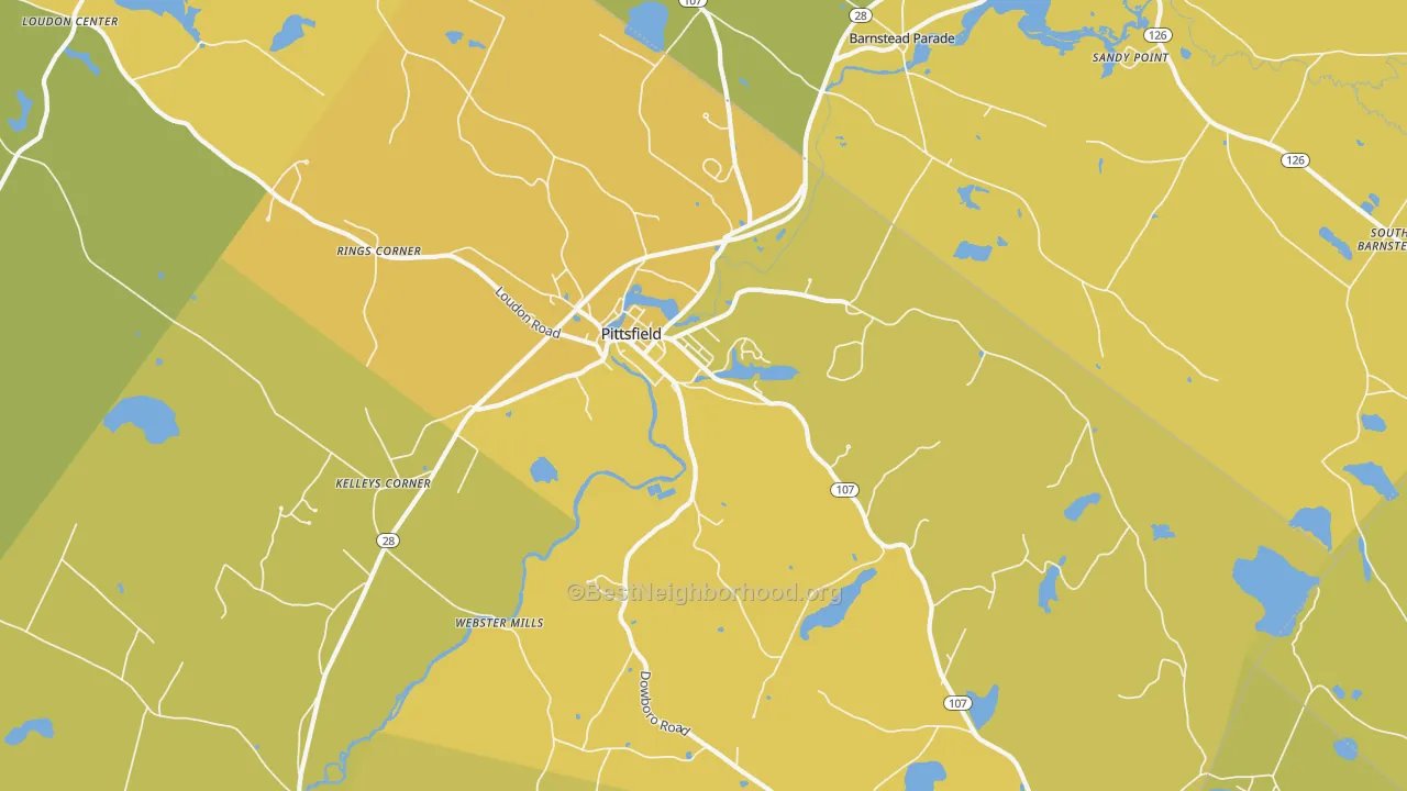Map of the best neighborhoods in the 03263 area, with better matches in green and worse matches in red