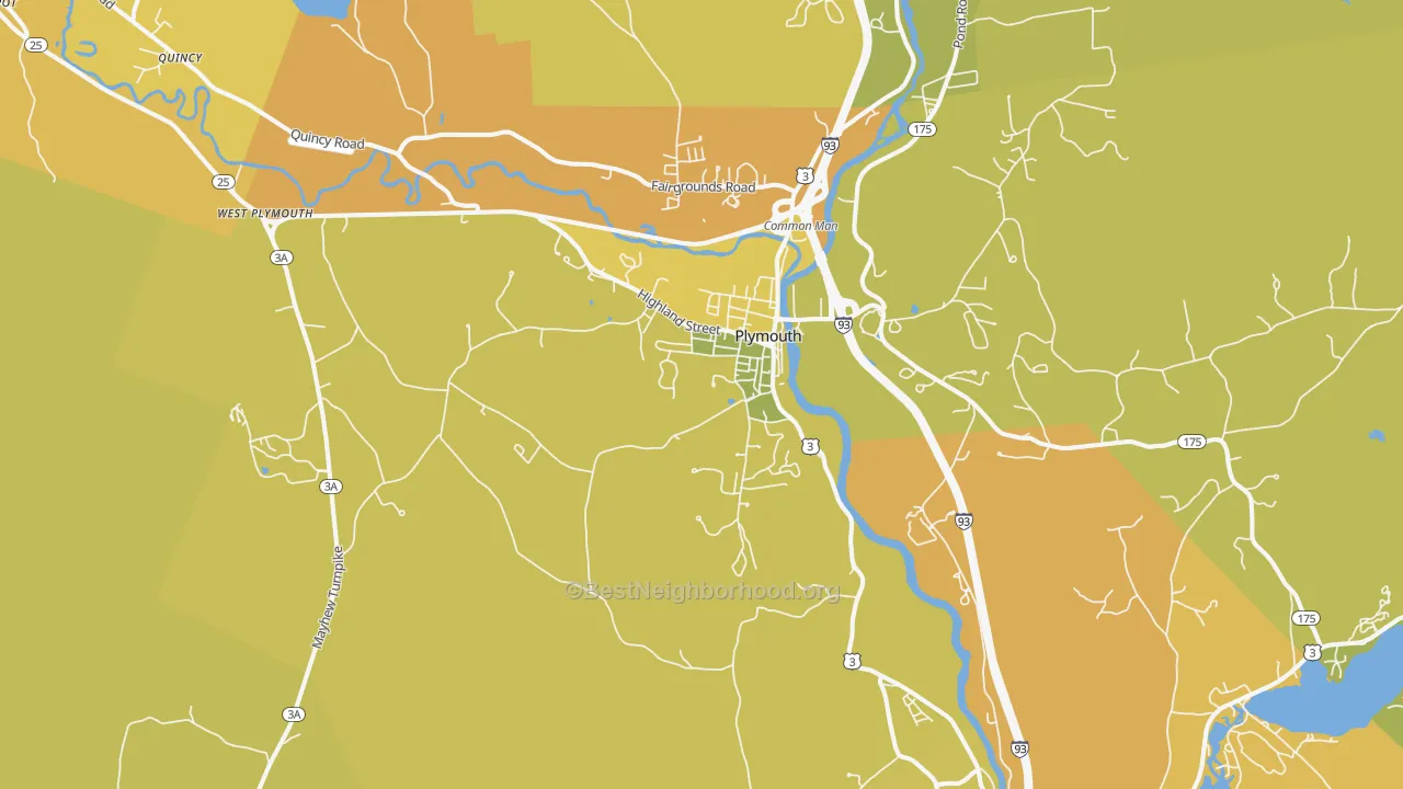 Map of the best neighborhoods in the 03264 area, with better matches in green and worse matches in red