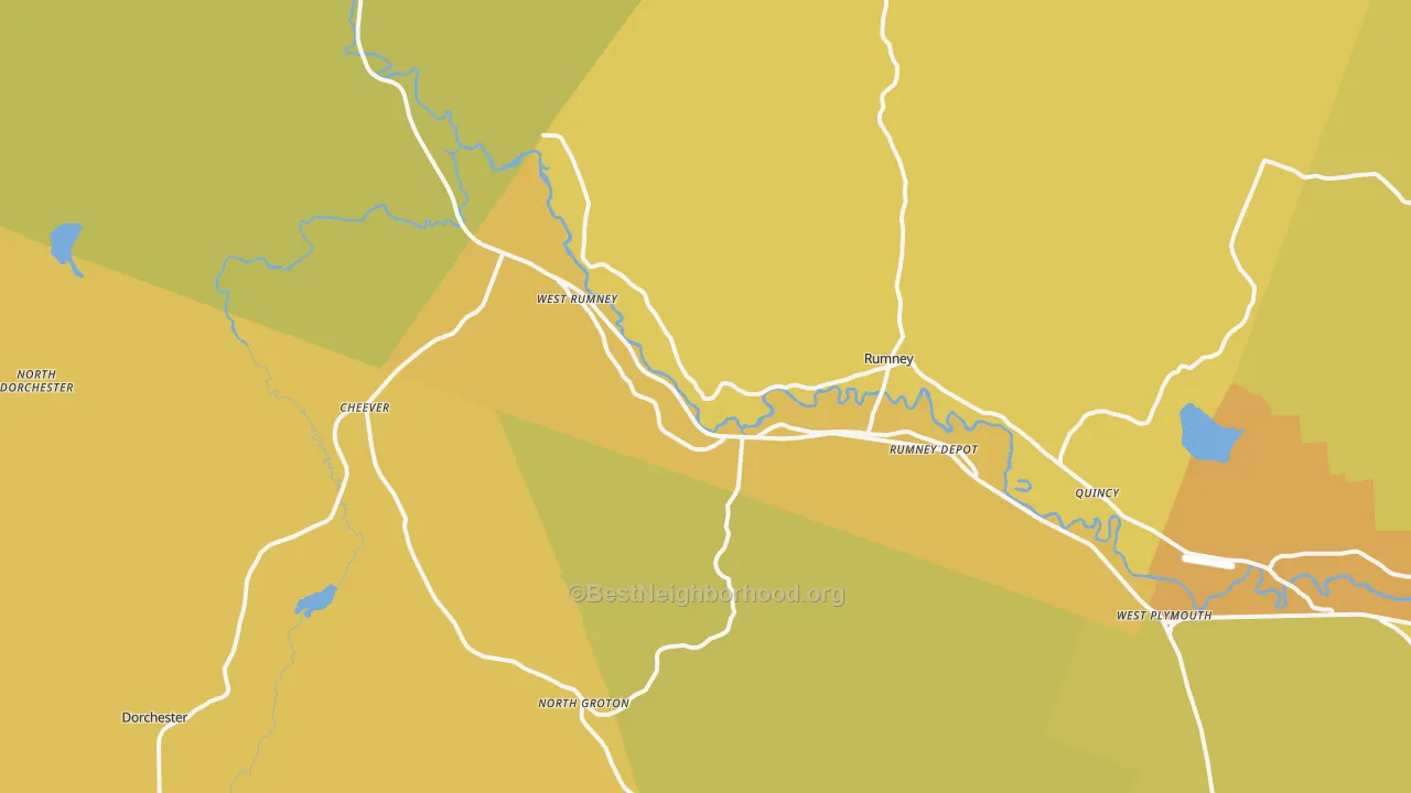 Map of the best neighborhoods in the 03266 area, with better matches in green and worse matches in red