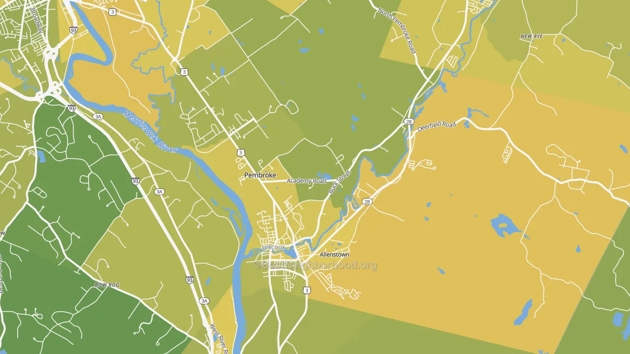 Map of the best neighborhoods in the 03275 area, with better matches in green and worse matches in red