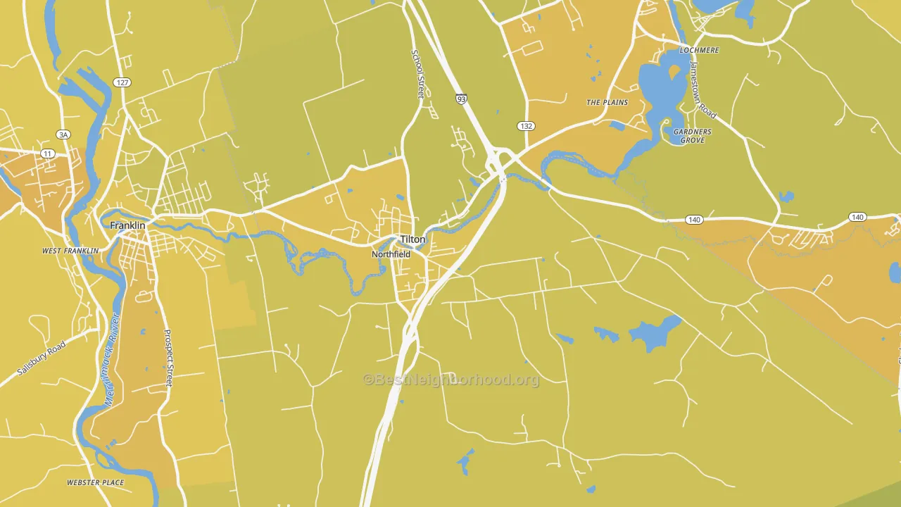 Map of the best neighborhoods in the 03276 area, with better matches in green and worse matches in red