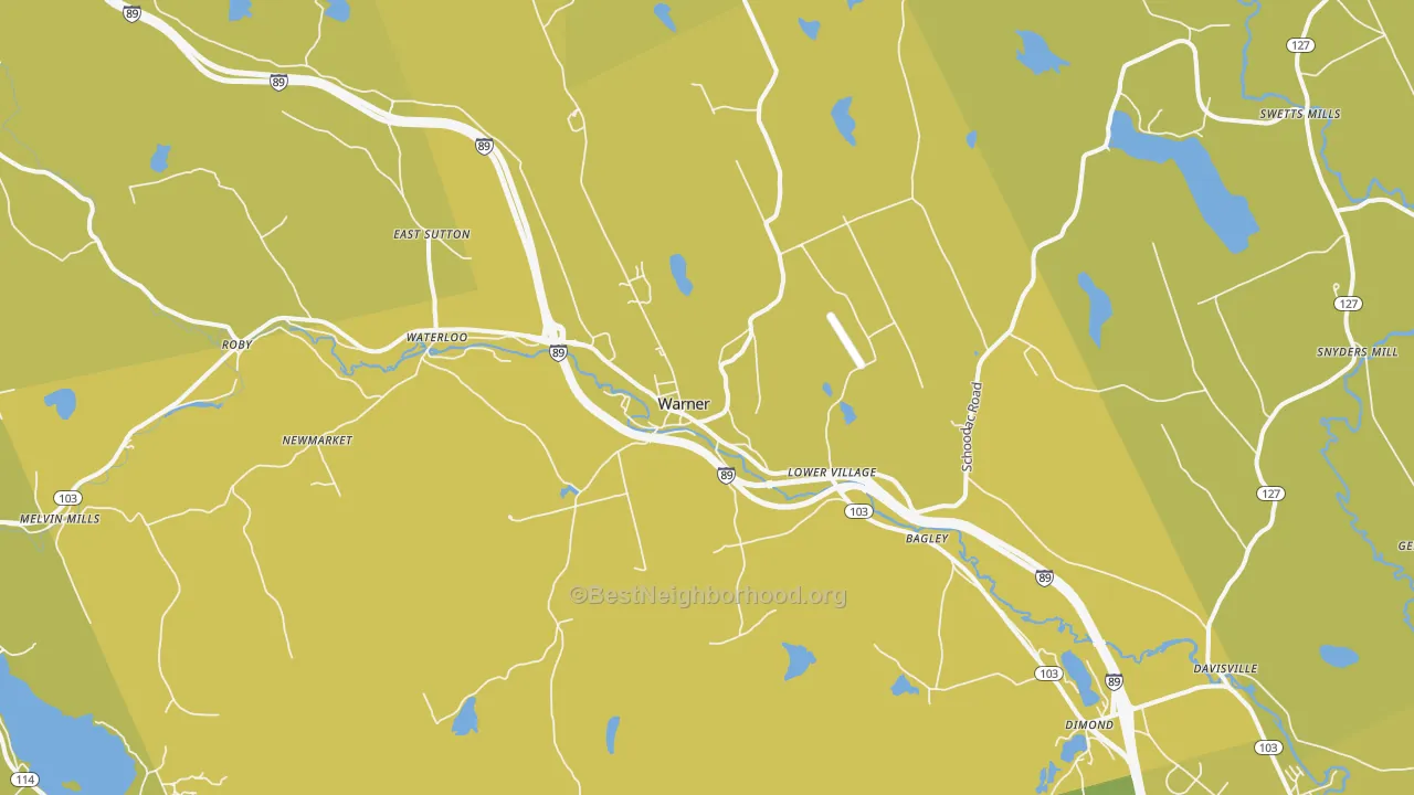 Map of the best neighborhoods in the 03278 area, with better matches in green and worse matches in red