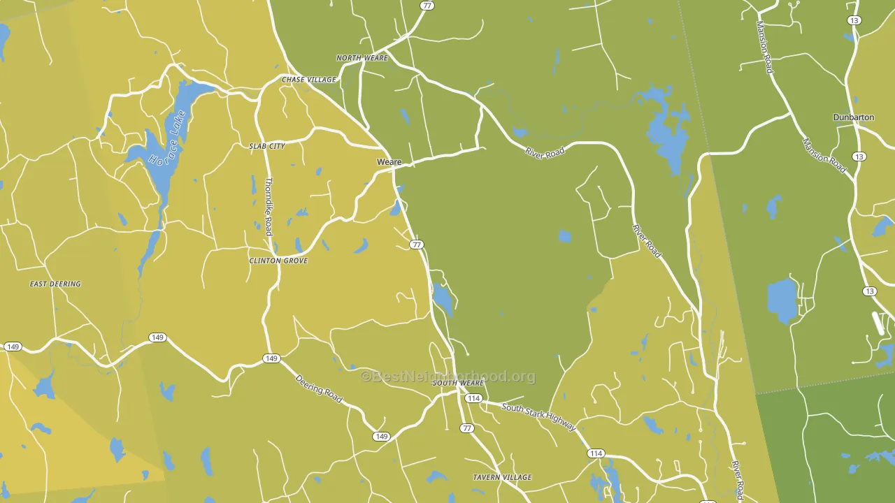 Map of the best neighborhoods in the 03281 area, with better matches in green and worse matches in red