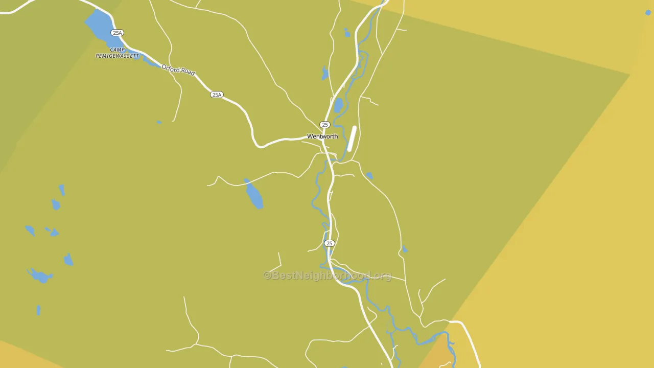 Map of the best neighborhoods in the 03282 area, with better matches in green and worse matches in red