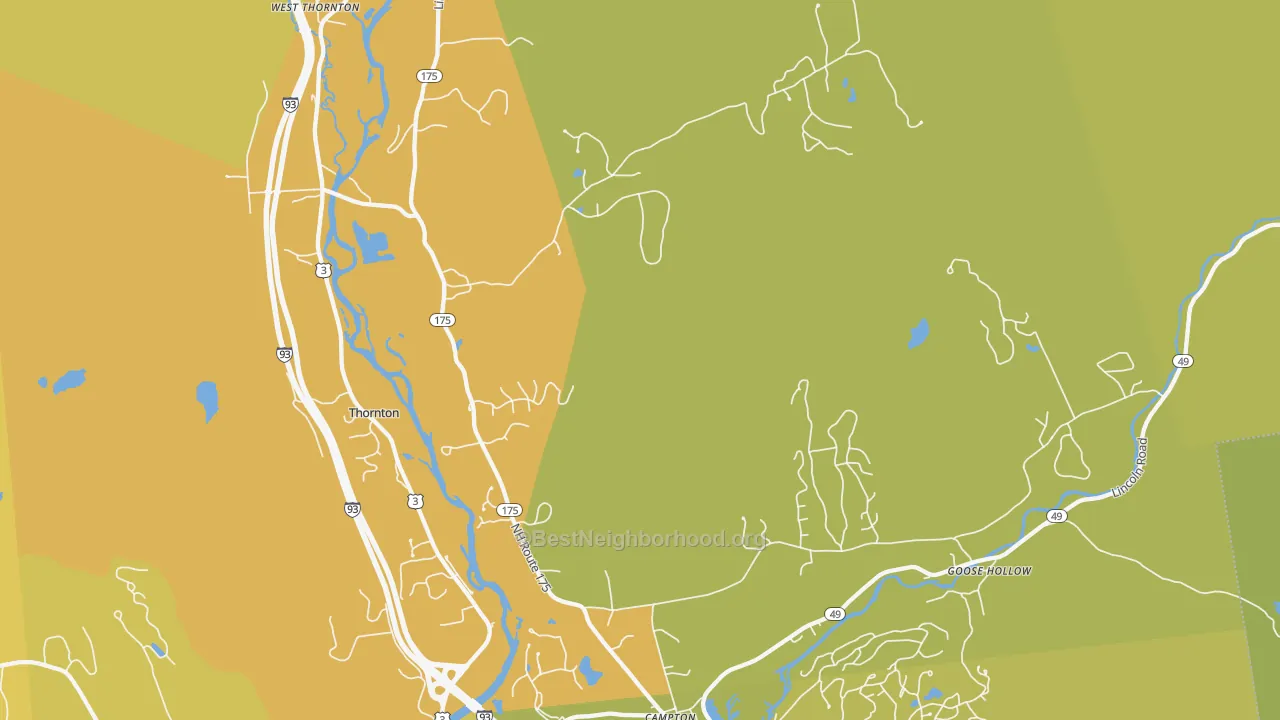 Map of the best neighborhoods in the 03285 area, with better matches in green and worse matches in red