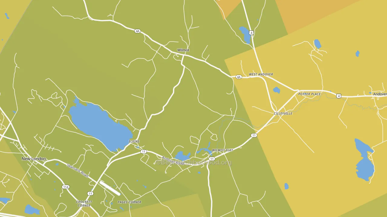 Map of the best neighborhoods in the 03287 area, with better matches in green and worse matches in red