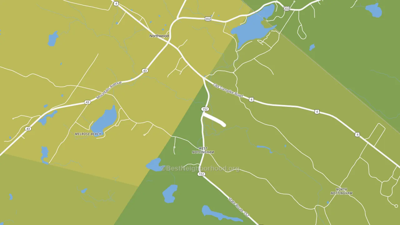 Map of the best neighborhoods in the 03291 area, with better matches in green and worse matches in red