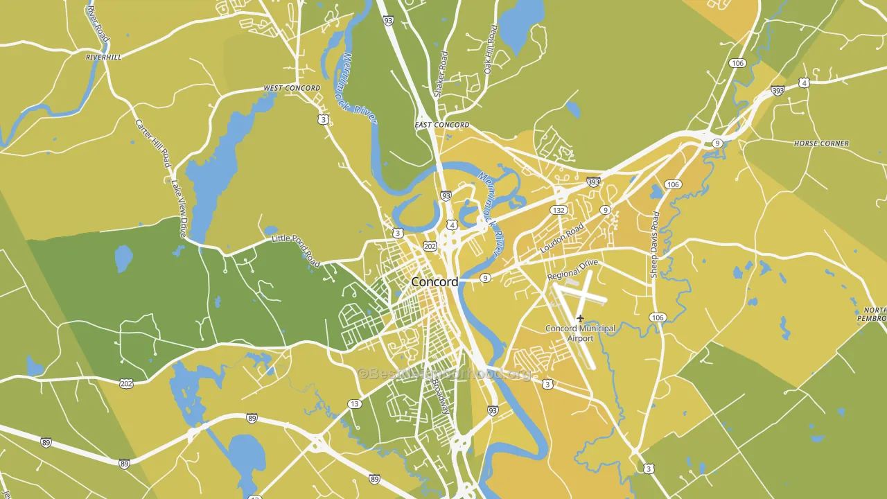 Map of the best neighborhoods in the 03301 area, with better matches in green and worse matches in red