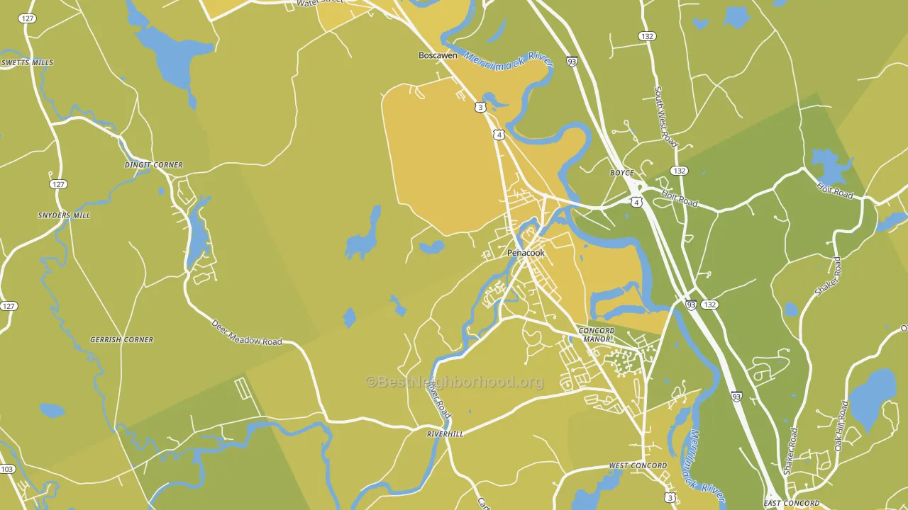 Map of the best neighborhoods in the 03303 area, with better matches in green and worse matches in red