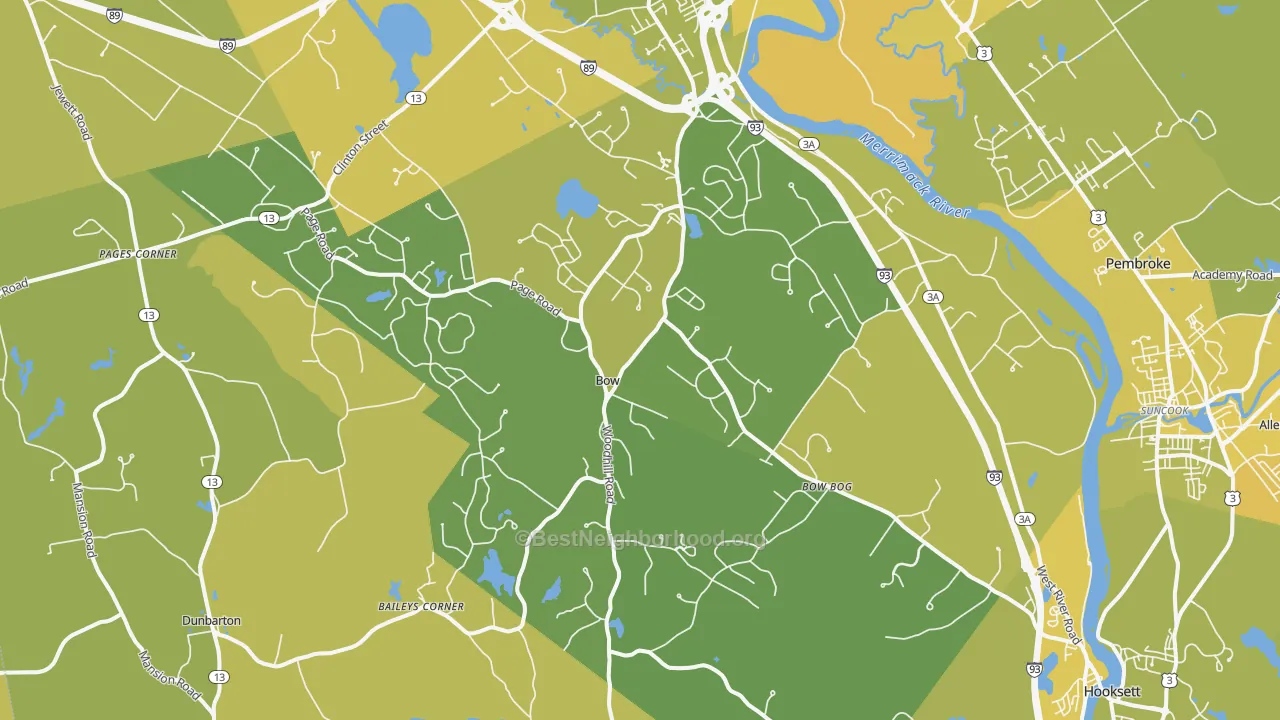 Map of the best neighborhoods in the 03304 area, with better matches in green and worse matches in red