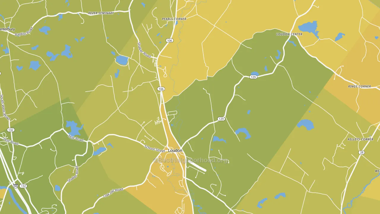 Map of the best neighborhoods in the 03307 area, with better matches in green and worse matches in red