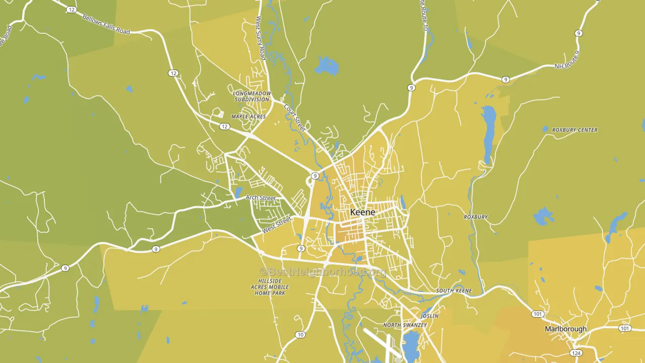 Map of the best neighborhoods in the 03431 area, with better matches in green and worse matches in red