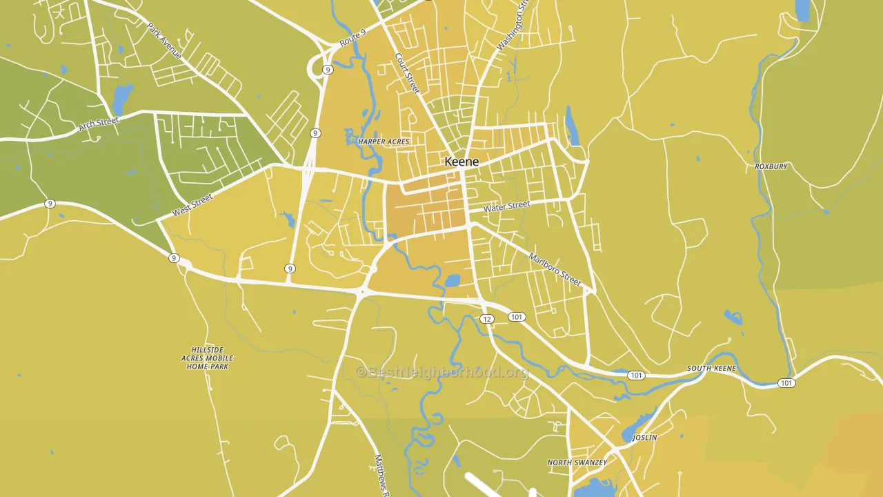 Map of the best neighborhoods in the 03435 area, with better matches in green and worse matches in red