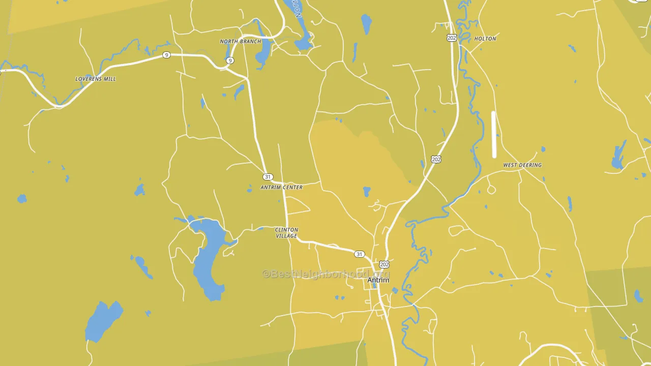 Map of the best neighborhoods in the 03440 area, with better matches in green and worse matches in red