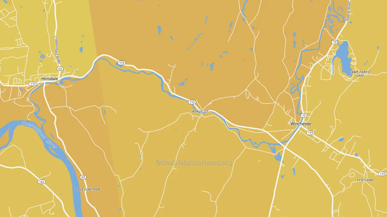 Map of the best neighborhoods in the 03441 area, with better matches in green and worse matches in red