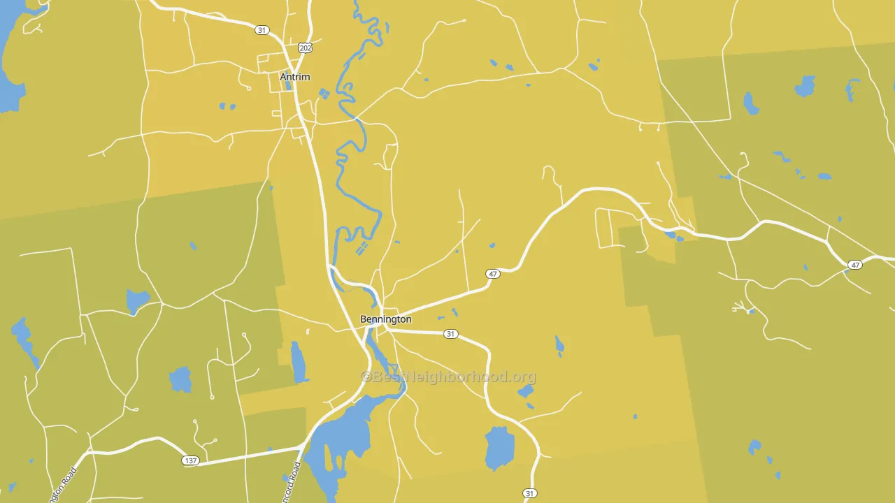 Map of the best neighborhoods in the 03442 area, with better matches in green and worse matches in red
