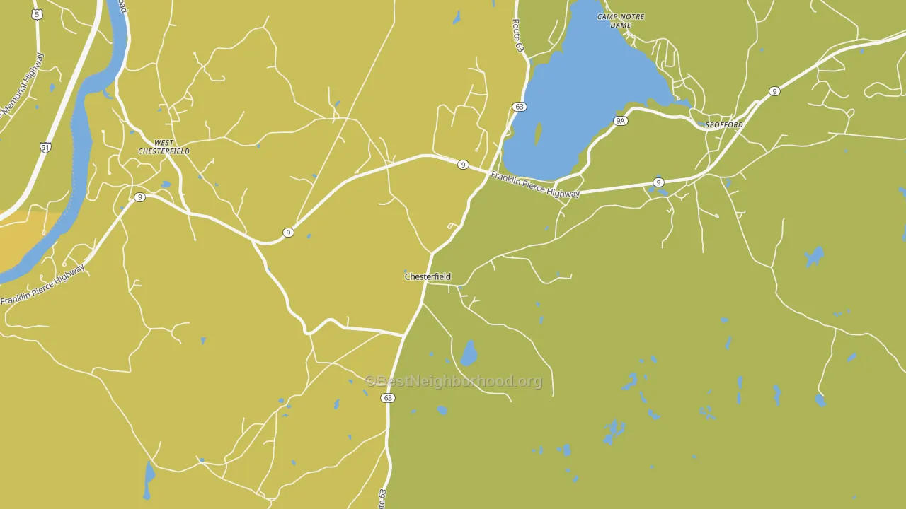 Map of the best neighborhoods in the 03443 area, with better matches in green and worse matches in red