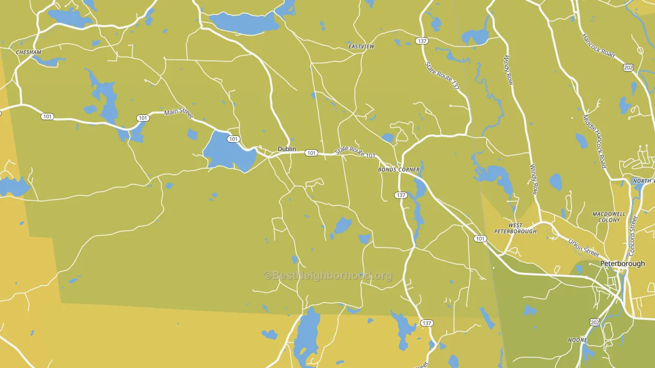 Map of the best neighborhoods in the 03444 area, with better matches in green and worse matches in red